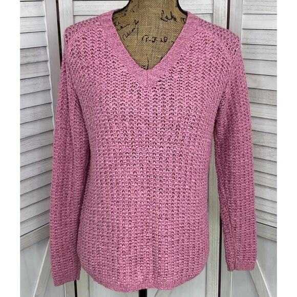 Preswick & Moore Rose Pink Loose Weave V-Neck Sweater -Large - Picture 1 of 5